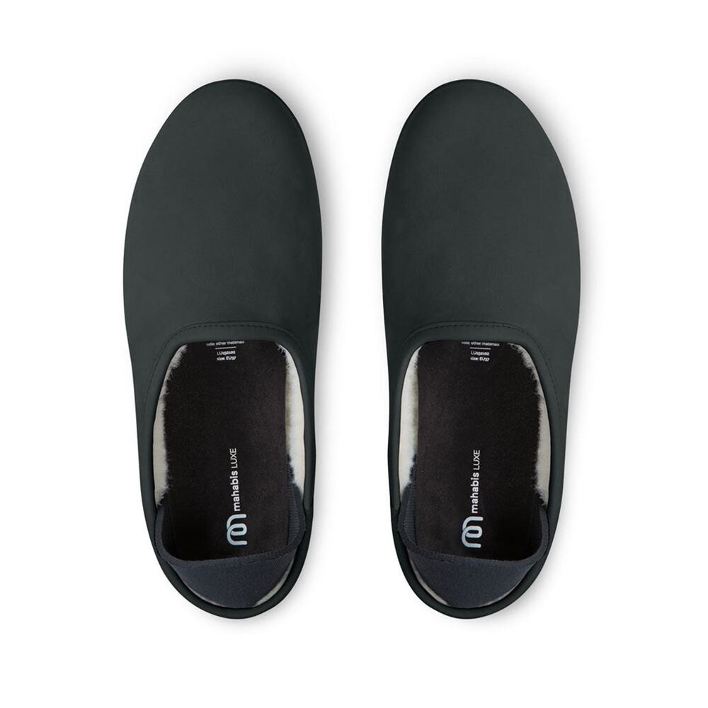Mahabis Luxe Premium Leather Black Fuzzy Lined Slippers Size 7.5